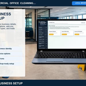 Commercial office cleaning business setup page for editing company details, service options, add-ons, parts categories, checklist settings, and defaults.