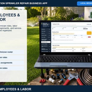 Irrigation sprinkler repair vehicles and mileage page for recording service vehicles, mileage logs, trip purposes, fuel, parking, tolls, and travel costs.
