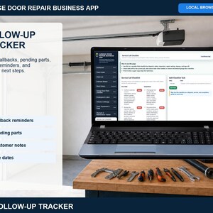 Garage door repair follow-up tracker for warranty checks, pending parts, customer reminders, service callbacks, due dates, and next-step notes.