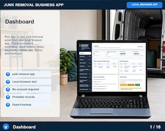Aplicación para negocios de eliminación de basura, generador de presupuestos, seguimiento de ganancias, registro de eliminación, seguimiento de trabajos, descarga digital.