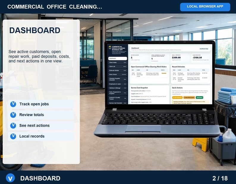 Commercial office cleaning client intake page for saving customer contact details, property information, access notes, and service needs.