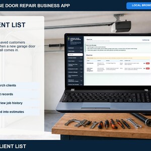 Garage door repair estimate builder showing service selection, labor, parts, premium add-ons, notes, and printable estimate options.