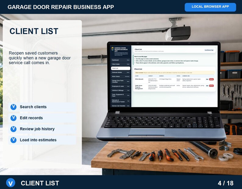 Garage door repair estimate builder showing service selection, labor, parts, premium add-ons, notes, and printable estimate options.