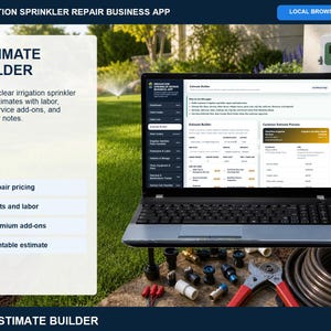 Irrigation sprinkler repair work orders page showing scheduled service calls, technician assignment, job scope, needed parts, status tracking, and customer notes.