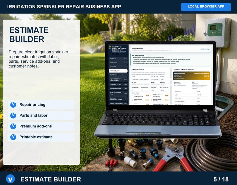 Irrigation sprinkler repair work orders page showing scheduled service calls, technician assignment, job scope, needed parts, status tracking, and customer notes.