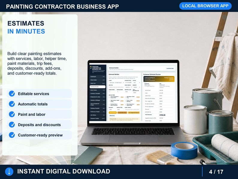 painting contractor estimate builder showing service selection, labor, parts, premium add-ons, notes, and printable estimate options.