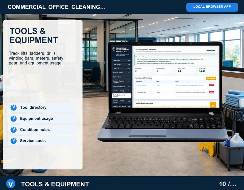 Commercial office cleaning warranty and maintenance tracker showing recurring service plans, warranty checks, next visits, prices, and customer notes.