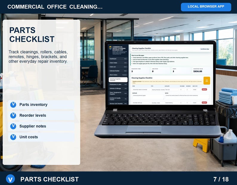 Commercial office cleaning employees and labor page for tracking technicians, roles, labor rates, availability, and team notes.