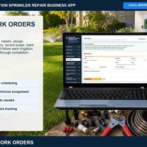 Irrigation sprinkler repair parts inventory checklist showing categories, quantities on hand, reorder levels, unit costs, suppliers, and notes.