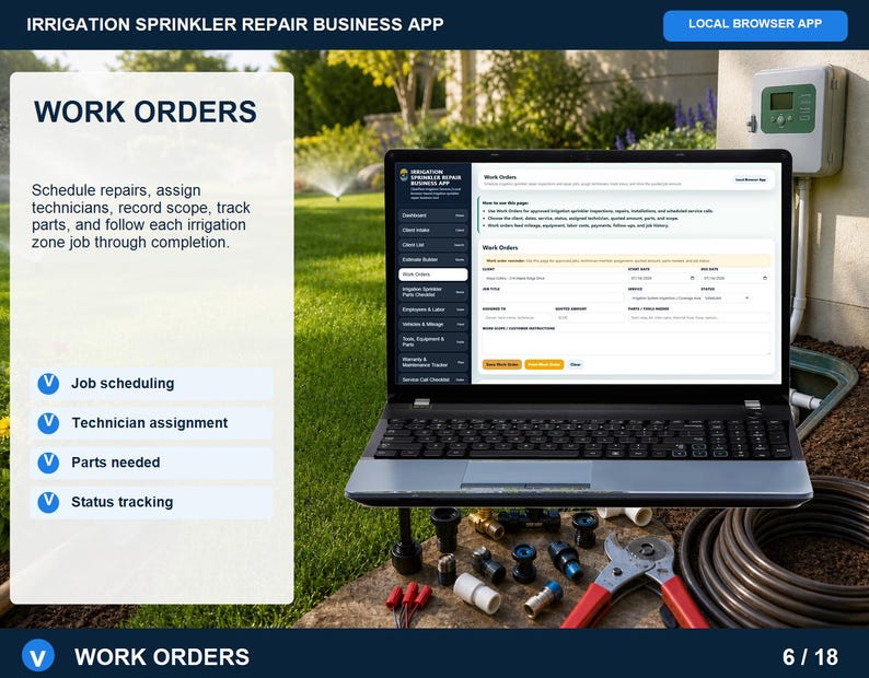 Irrigation sprinkler repair parts inventory checklist showing categories, quantities on hand, reorder levels, unit costs, suppliers, and notes.