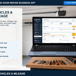 Garage door repair tools and equipment page for tracking equipment, maintenance details, usage, costs, and service notes.