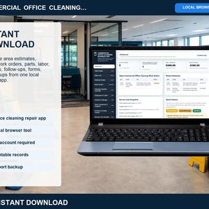 Commercial office cleaning business app dashboard showing clients, open service work orders, payments, costs, balances, and quick actions on a laptop.