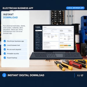 Op de afbeelding: Een digitale Electrician Business App weergegeven op een laptopscherm, met een dashboard voor schattingen, klanten en werkorders. De interface bevat tekst voor directe download, lokale browser-tool, geen account vereist en afdrukbare records.