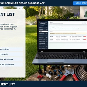Irrigation sprinkler repair estimate builder showing service selection, labor, parts, premium add-ons, notes, and printable estimate options.