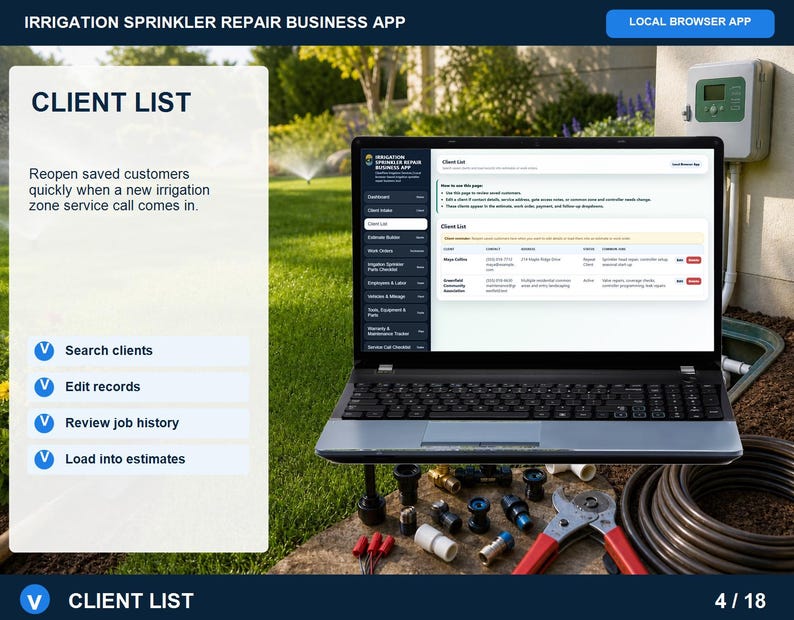 Irrigation sprinkler repair estimate builder showing service selection, labor, parts, premium add-ons, notes, and printable estimate options.