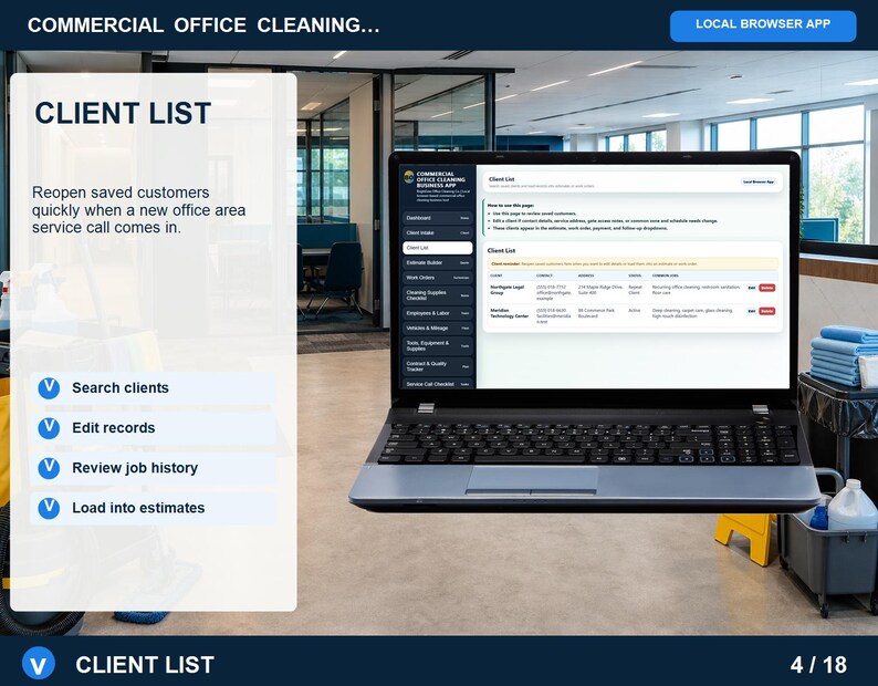 Commercial office cleaning estimate builder showing service selection, labor, parts, premium add-ons, notes, and printable estimate options.