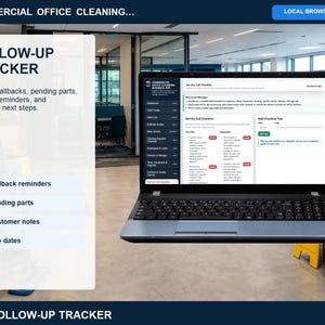 Commercial office cleaning follow-up tracker for warranty checks, pending parts, customer reminders, service callbacks, due dates, and next-step notes.