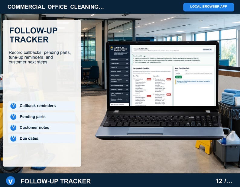 Commercial office cleaning follow-up tracker for warranty checks, pending parts, customer reminders, service callbacks, due dates, and next-step notes.