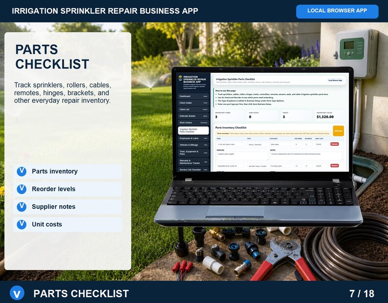 Irrigation sprinkler repair employees and labor page for tracking technicians, roles, labor rates, availability, and team notes.