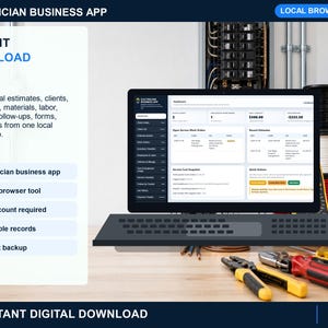 Electrician business app digital download with dashboard, estimates, work orders, client tracker, printable records, and local browser storage.