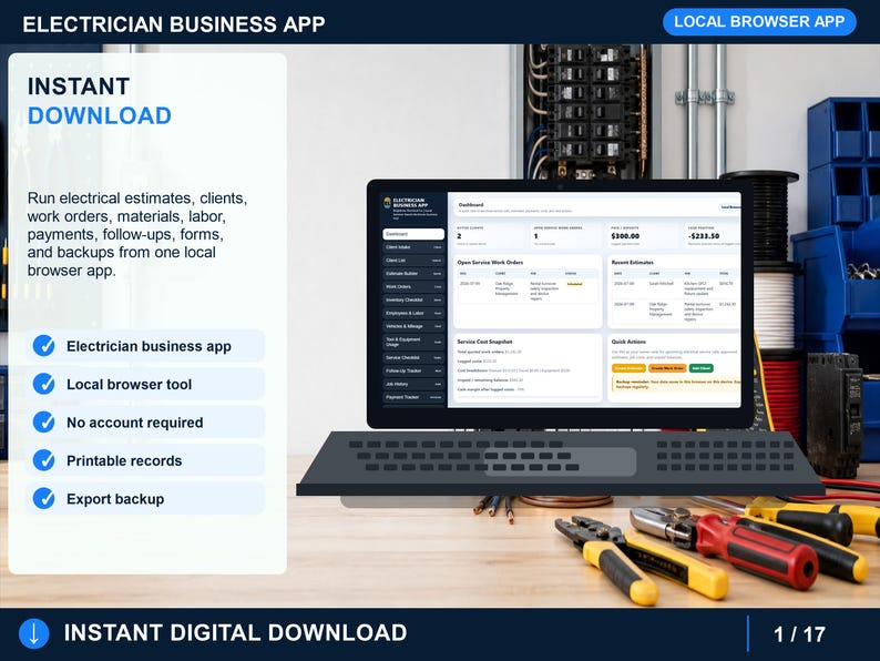 Electrician business app digital download with dashboard, estimates, work orders, client tracker, printable records, and local browser storage.