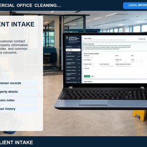 Commercial office cleaning client list page for searching saved customers, reopening records, reviewing job history, and loading clients into estimates.