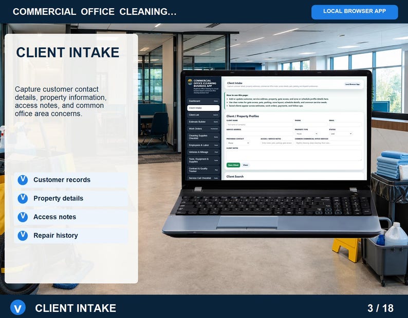 Commercial office cleaning client list page for searching saved customers, reopening records, reviewing job history, and loading clients into estimates.