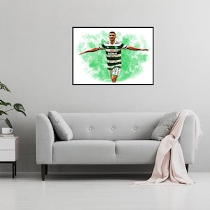 May include: A digital painting of a soccer player in a green and white jersey with the text "Celtic" on the front. The player is celebrating a goal with his arms outstretched. The background is a green and white watercolor effect.