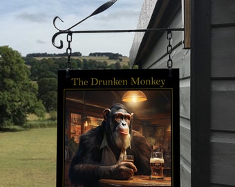 The Drunken Monkey Hanging Pub Sign For Home Bar or Man Cave! - The Drunken Monkey Bar Sign