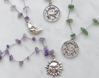 Edelstein Kette mit Anhänger | Mix and Match | Amethyst und Aventurine Kette | Sternzeichen Anhänger | Mond und Sonne Anhänger