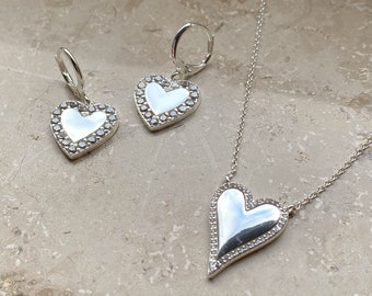 Crystal Rhinestone Heart Pendant Charm Earrings and Necklace Set Sterling Silver Jewelry Valentine‘s day Love Gift Minimalist