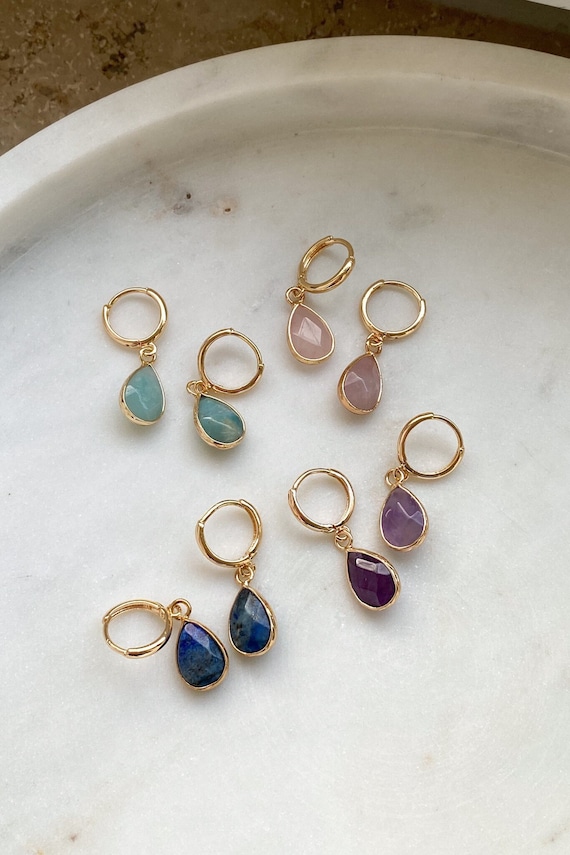 Edelstein Ohrringe Gold Creolen | Heilstein Ohrring | Quarz Amethyst Amazonit oder Lapis Lazuli Bierkrug | Naturstein Schmuck