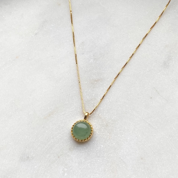 Gemstone Aventurine | Green Crystal Rund Pendant Necklace | Aventurin Jewelry | Gold Sterling Silver | Minimalist | Healing Necklace