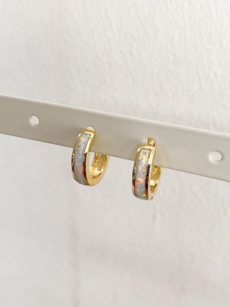 May include: A pair of gold hoop earrings with a white opal inlay.