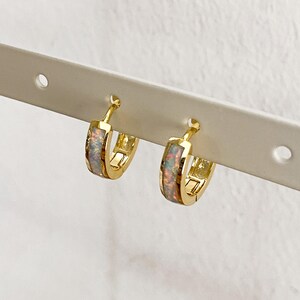 May include: A pair of gold hoop earrings with a white opal inlay. The earrings are small and delicate.