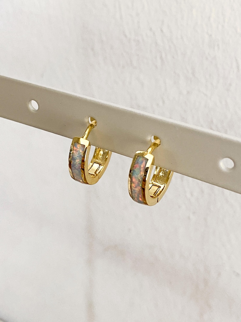 May include: A pair of gold hoop earrings with a white opal inlay. The earrings are small and delicate.