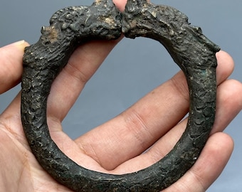 Genuine Ancient Viking Civilization Bronze Bangle With Twin Dragon Figure