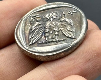 Rare Ancient Greek Athens Attica Owl Silver Coated Old Coin In Mint Condition