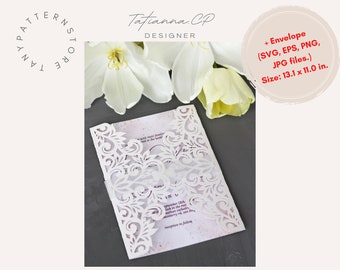 Plantilla de invitación de boda plegable con corte láser, sobre decorado (plantilla digital)