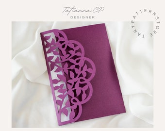 Plantilla de invitación de boda con hojas cortadas a láser: Tríptico (SVG, PNG, EPS)