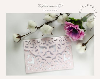 Plantilla de sobre para invitación de boda cortado a láser: Diseño de adorno de 5x7 (Plantilla digital)