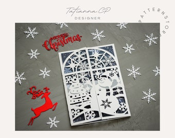 Plantilla de invitación de boda plegable con corte láser: Diseño de muñeco de nieve invernal (SVG, PNG, EPS)