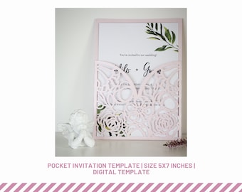 Plantilla de invitación de boda con corte láser floral: Tarjeta de bolsillo de 5x7 (Plantilla digital)