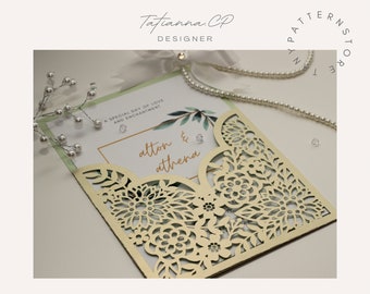 Plantilla de invitación de boda con corte láser floral: Tarjeta de bolsillo de 5x7 (Plantilla digital)