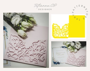 5x7 Pocket Wedding Invitation, Laser cut Card Template, Floral envelope, SVG cutting file, Cricut, Silhouette, Cameo, DIGITAL TEMPLATE