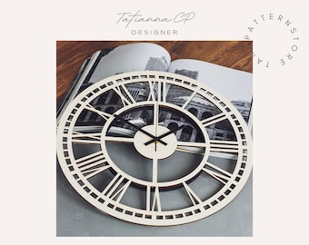 Plantilla de reloj de pared con números romanos: SVG cortado con láser (descarga digital)