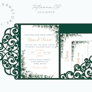 Invito a nozze ripiegabile 5x7, modello tascabile tagliato al laser, busta ornamentale, file di taglio SVG, Cricut, Silhouette, Cameo, MODELLO DIGITALE