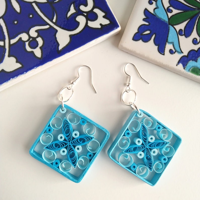 Paper quilled tile earrings inspired by Sicilian ceramic tiles image 1