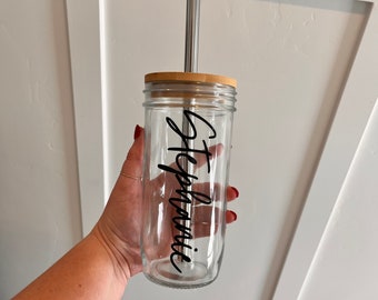 Mason jar cup with bamboo top and straw. Customizable name/business logo