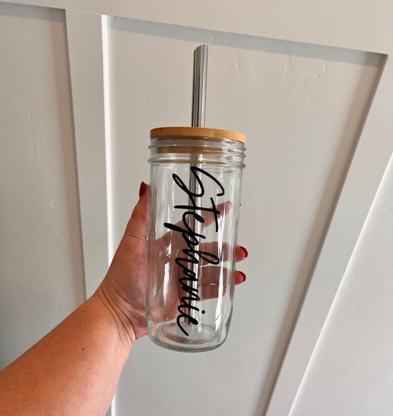 Mason jar cup with bamboo top and straw. Customizable name/business logo